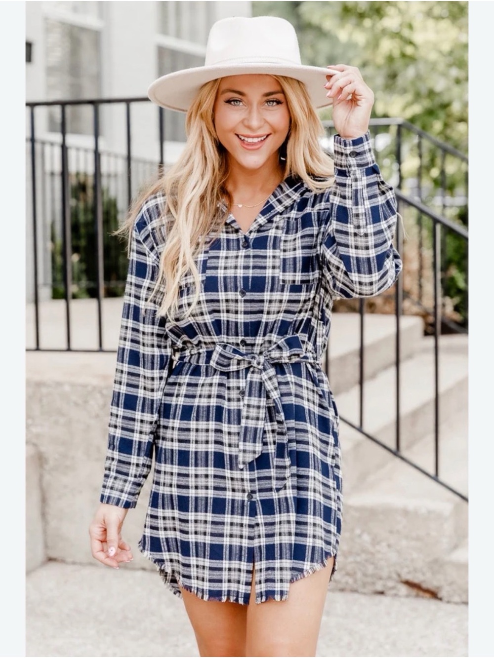 Pink Lily Navy and Cream Plaid Button-Front Shirt Dress with Waist Tie size smal